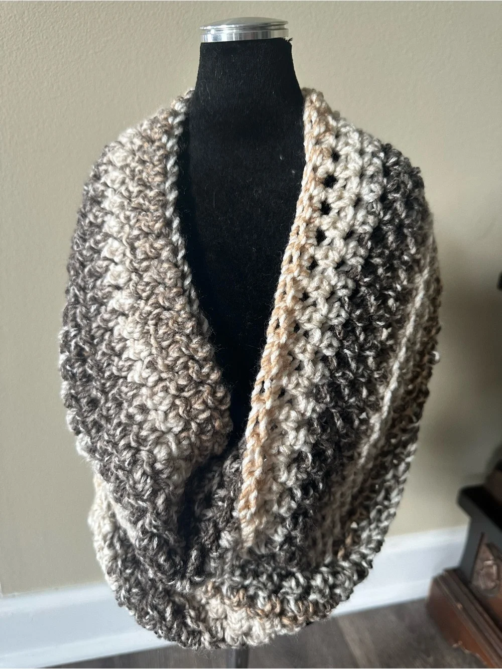 Neutral Crochet Infinity Scarf - Beige Taupe Gray